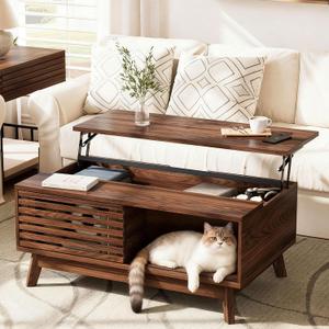 HAIOOU Lift Top Coffee Table, Mid Century Modern Coffee Table with Storage for Living Room, 35.4'' Walnut Coffee Tables with Sliding Fence Door (Brown), 21.7''d X35.4''w X17.1''h
