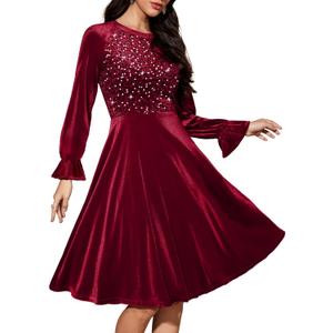Bbonlinedress Velvet Sequin Cocktail Long Sleeve Dress for Women Velvet Vintage Wedding Guest Midi Dress (Large, Burgundy)