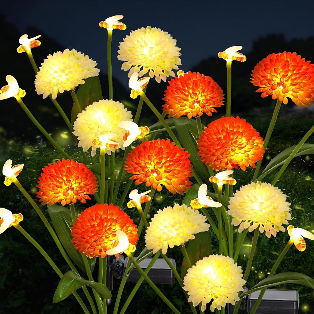Solar Garden Lights Outdoor 4 Packs Solar Swaying Bee Lights with Fake Flowers Waterproof Firefly Light Flower Fairy Lights Outdoor Patio Yard Pathway Decoration Ideal Gifts for Women Mother's Day