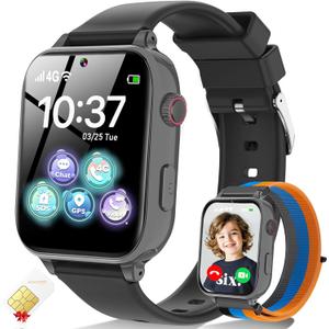 4G Kids Smart Watch for Boys Girls, Kid Watch Phone Ages 4-12 with Call, GPS, SOS, Video Call, Games, Camera, Alarm, Touchscreen Smartwatch for Children Birthday Gift (Includes SIM Card), Black