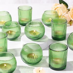 30pcs Assorted Ribbed Votive Candle Holders, Glass Holders Bulk for Wedding, Tea Light Candle Holder for Baby Shower St. Patrick's Day Table Centerpiece, Party and Home Decor Green