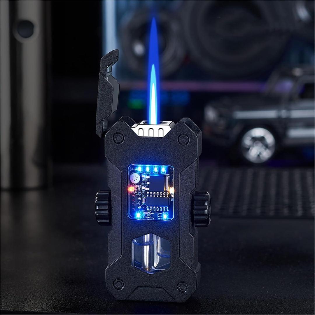 Smart Torch Lighter 4 Ways to Ignite, Voice Controlled Windproof Flame Lighter, Metal Mecha Style Refillable Lighter with Cool Color Lights, Refillable Butane, for Outdoor, Camping, Gift(A)
