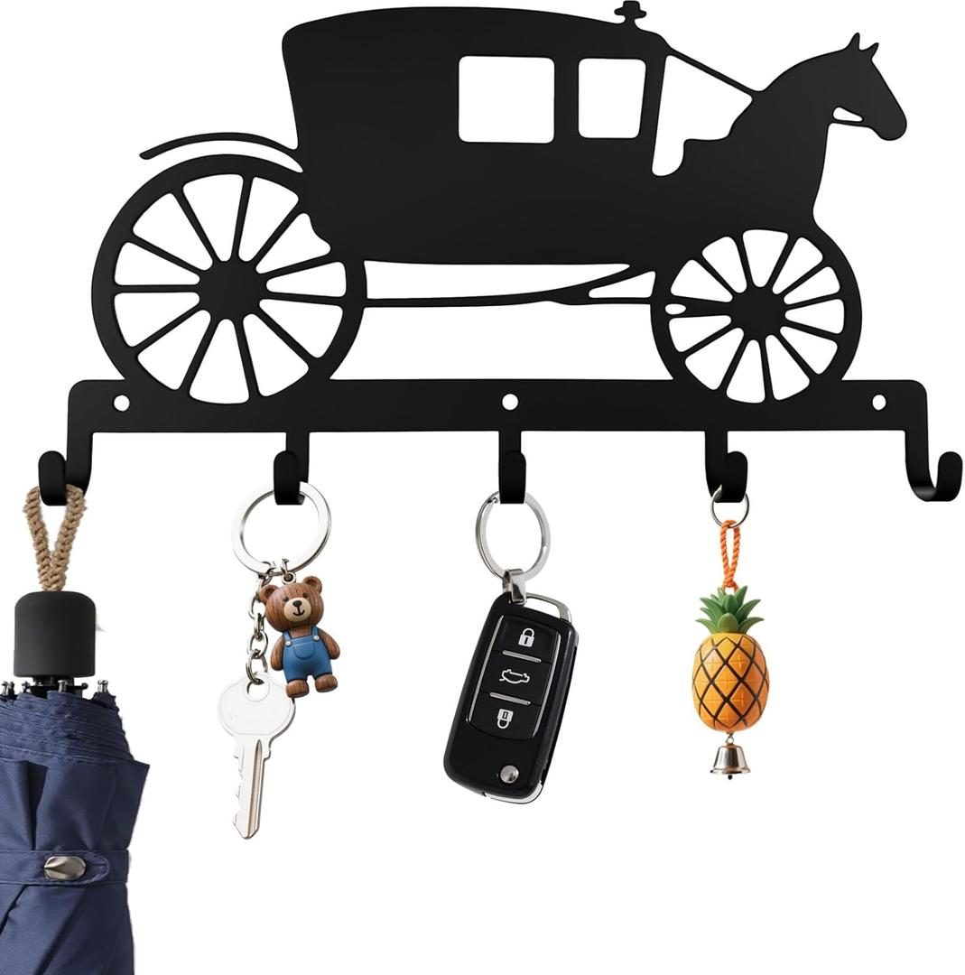 Vintage Carriage Key Holder Wall Mount, 5-Hook Cast Iron Key Rack & Wall Organizer, Decorative Key Hanger for Entryway, Hallway, Home and Office, Black (12.04x8.34inches)
