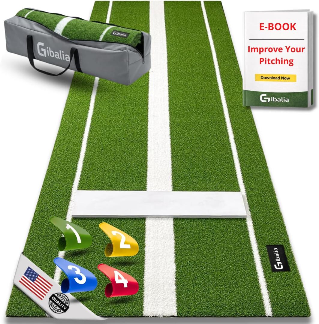Softball Pitching MAT Whit Pitcher Rubber - Softball Training Equipment - Tools-Trainer Practice - Pitching Training aids - Baseball Turf mat - Indoor Pitching Practice - Pitch - softballs, 10' x 1"