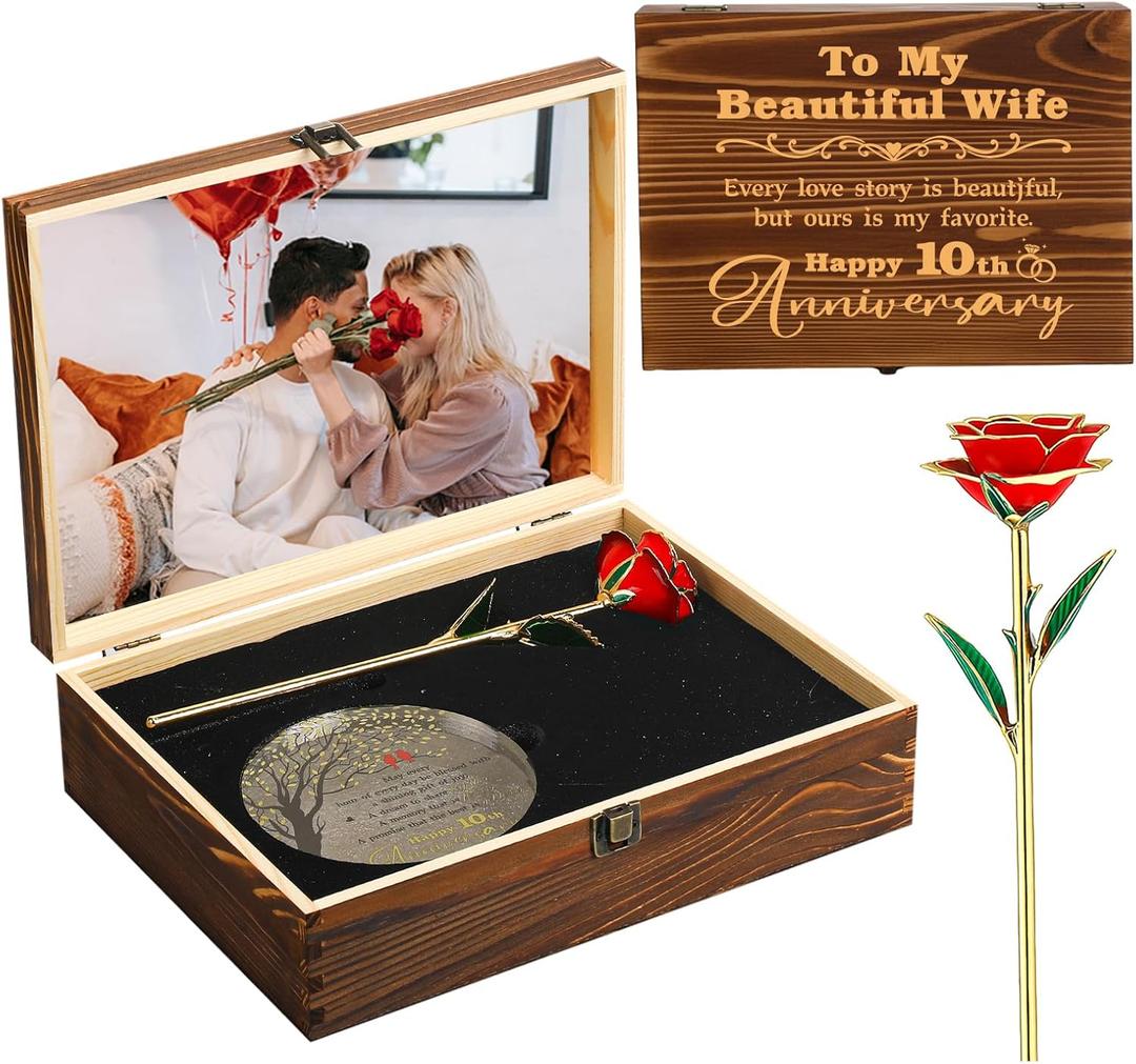 10th Anniversary Wedding Gift for Wife Engraved Wooden Gift Set 'to My Beautiful Wife' Includes 24k Gold Dipped Rose Acrylic Ornament for Wife Women Christmas Anniversary Tin Wedding