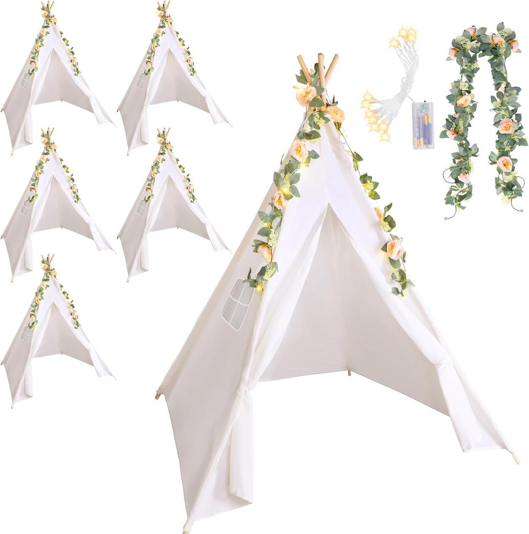Kigley 6 Sets Teepee Tent Indoor Cotton Linen Teepee Play Tent with 6.6 ft Pink Fake Rose Vine Artificial Garland 10 ft Battery Operated String Lights for Room Decor(White)