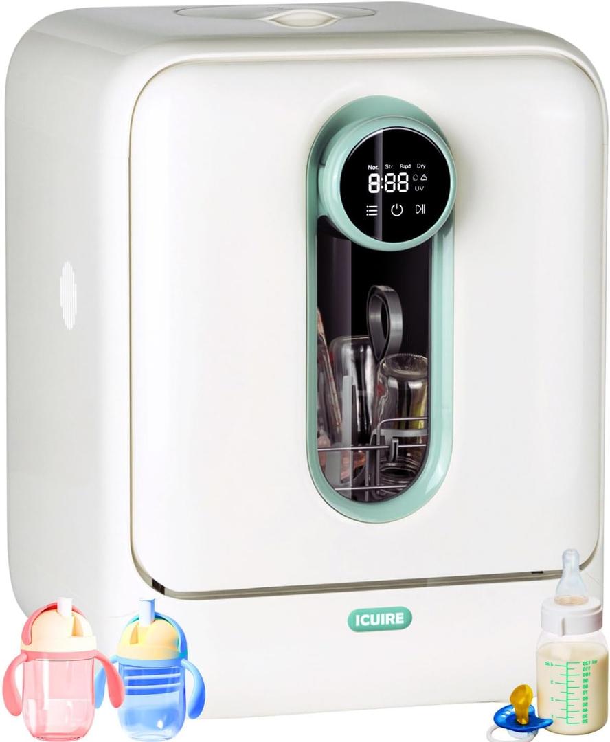 ICUIRE Baby Bottle Washer and Sterilizer and Dryer, 131-167°F High Temperature Sterilize for Baby Stuff, 3.2L Water Tank to Clean Bottles, Pump Part &Pacifiers&Bowl, Newborn Parents One-Hand Operation