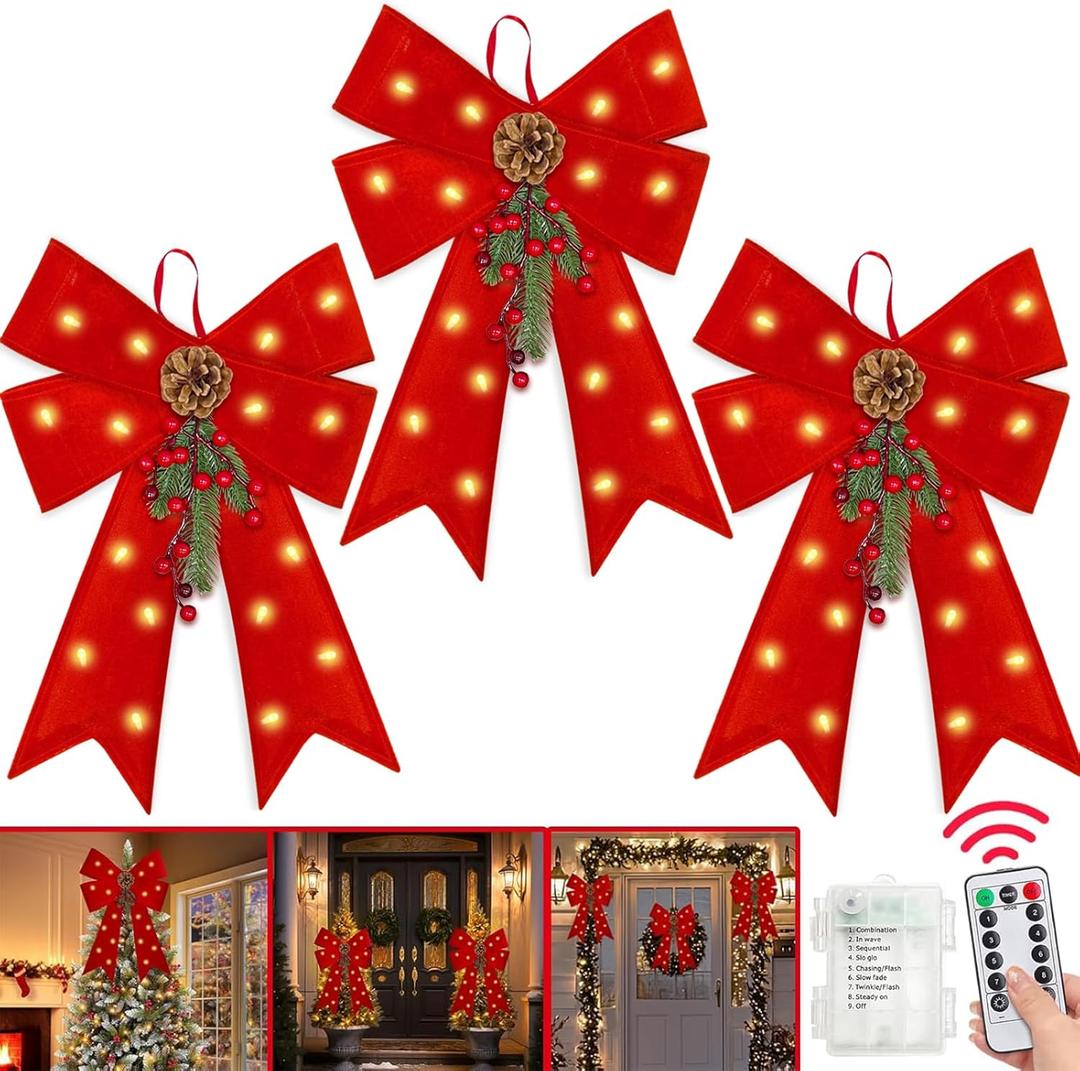 3 Pack Large Prelit Christmas Bows, 24'' x 14'' Red Velvet Bows with 20 LED Lights Remote 8 Modes & Timer, Red Berries Pinecones, Christmas Outdoor Bows for Wreaths Garland Tree Topper Indoor Decor