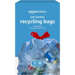 Amazon Basics Blue Recycling Drawstring Trash Bags, Tall Kitchen, Unscented, 13 Gallon, 60 Count