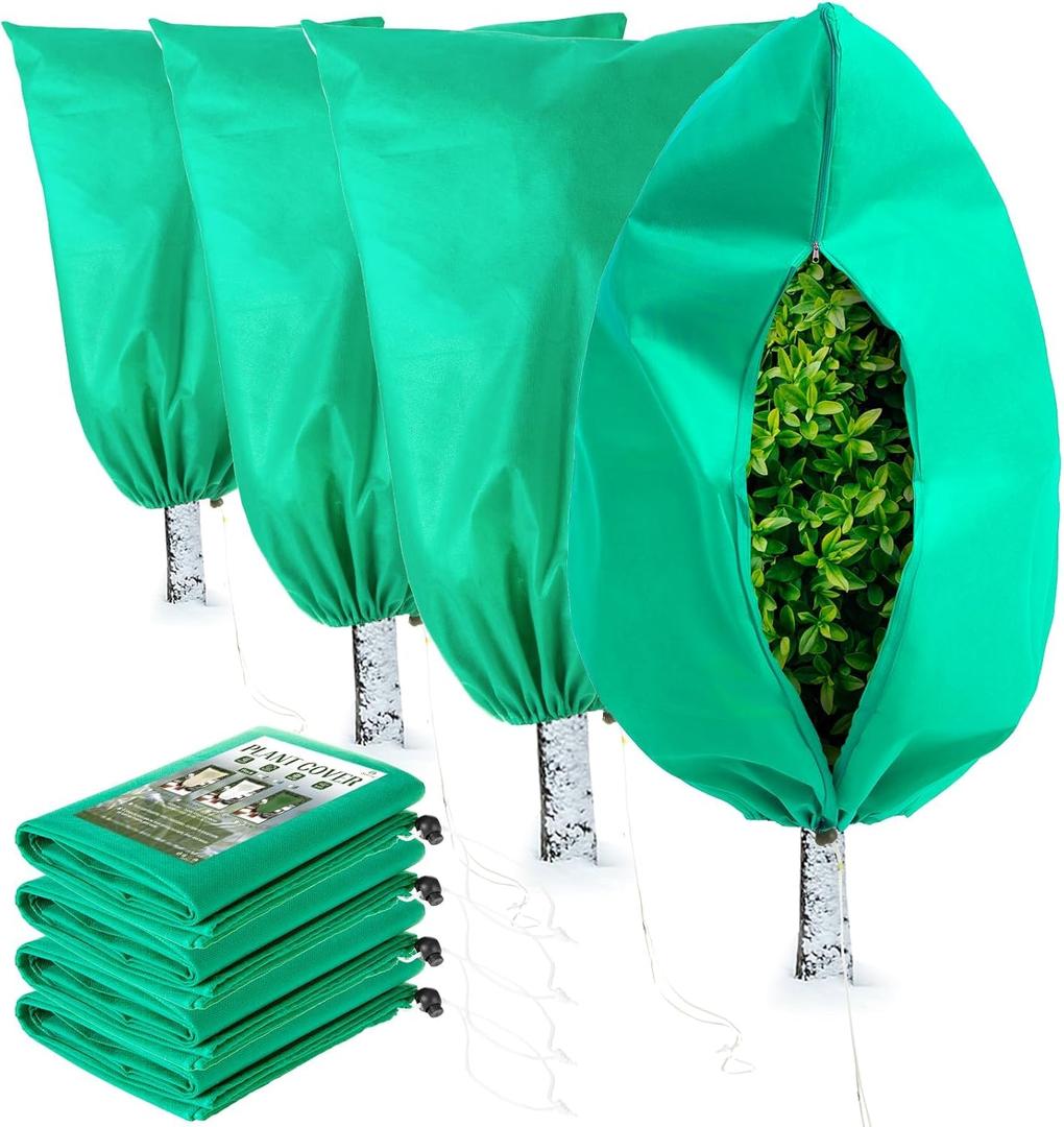 Homimp Plant Covers Freeze Protection, 4 Pack Frost Covers with Zipper Drawstring (23.6" x 31.5") Plant Protection Cover Bags for Outdoor Winter Frost Cold Weather Shrubs Trees Jacket Covers (Green)