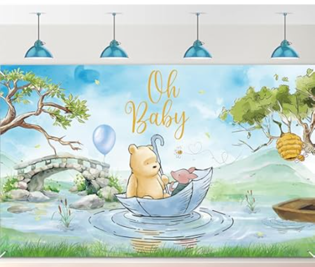 Winnie Bear Backdrop Pooh Baby Shower Decorations for Boys Kids Newborn Classic Bear Blue Balloons and Friends Background Table Banner Photo Studio Props Photography Background 6x3.6ft