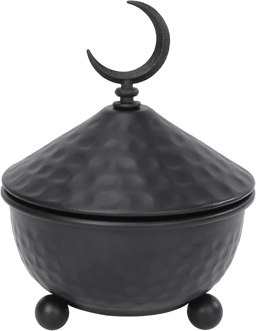Round Metal Decor Jar with Moon Finial Ramadan Trays with Lid Vintage Sugar Bowl Turkish Decorative Candy Jar for Party Home Kitchen Decor (Black)