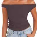 Sunzel Women's Off Shoulder Sleeveless Crop Top, Y2K Trendy Going Out Tank Shirt, Asymmetrical Neckline & Ruched Detail Seal Brown Large