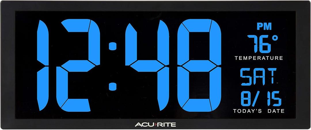 AcuRite 75152M Oversized Blue LED Clock with Indoor Temperature, Date and Fold-Out Stand, 14.5-Inch