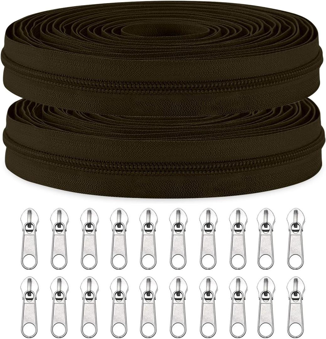 Sawoake 10 Yards Bulk Zipper, (#5) Zippers for Sewing, Brownish Black Nylon Coil Zipper by The Yards, Replacement Sewing Zipper with 20PCS Zipper Sliders for DIY Sewing Craft Bags(#5 Brownish Black)