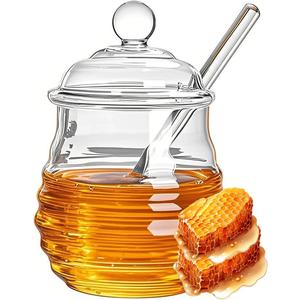 Glass Honey Jar with Dipper and Lid, 10 OZ Heat Resistant HoneyPot, Honey Storage Container for Storing Syrup, Home and Kitchen Organization, Gifts for Her Christmas, Coffee Bar Decor