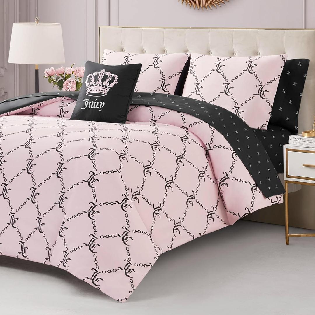 Juicy Couture Light Pink/Black Link Logo Printed Comforter Set, Full – Complete 8-Piece Bed in a Bag Collection