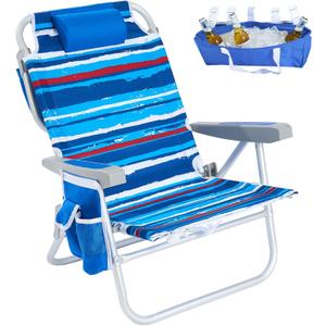 SUNNYFEEL Low Beach Chair 5 Position Lay Flat, Portable Folding Backpack Beach Chairs Heavy Duty with Cooler Bag, Cup Holder for Outdoor/Lawn/Picnic/Fishing, Foldable Camping Chair (New BlueStripe), 16D x 28W x 29.5H in