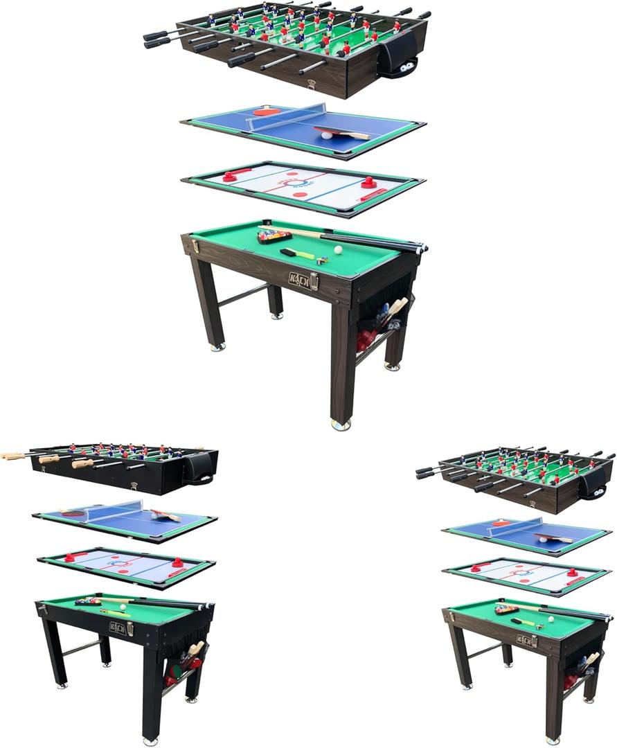 KICK Quad 48 4-in-1 Multi Game Table - Combo Game Table Set - Foosball, Billiards/Pool, Glide Hockey and Table Tennis for Home, Game Room, Friends and Family! (Brown)