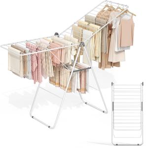 APEXCHASER Clothes Drying Rack, Oversized Drying Rack Clothing with Height-Adjustable, Foldable Gullwings Metal Laundry Rack, Indoor Outdoor Use, No Assembly, White (U-foot cover)