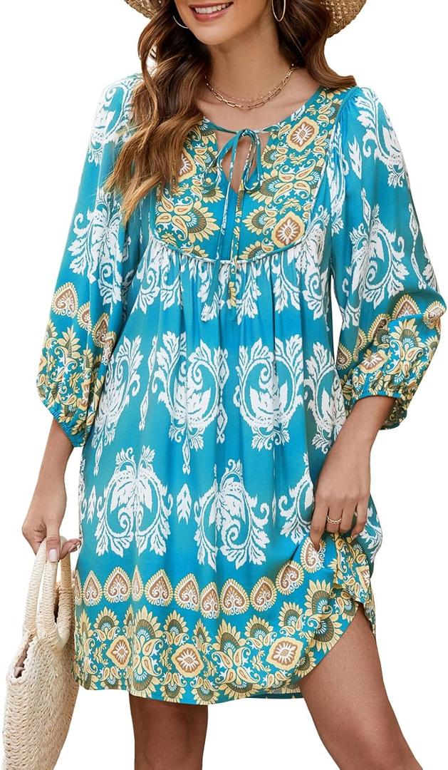 Qearal Women's Casual V Neck 3/4 Sleeve Boho Floral Printed Loose Short Flowy Summer Beach Vacation Dress (Blue, S)