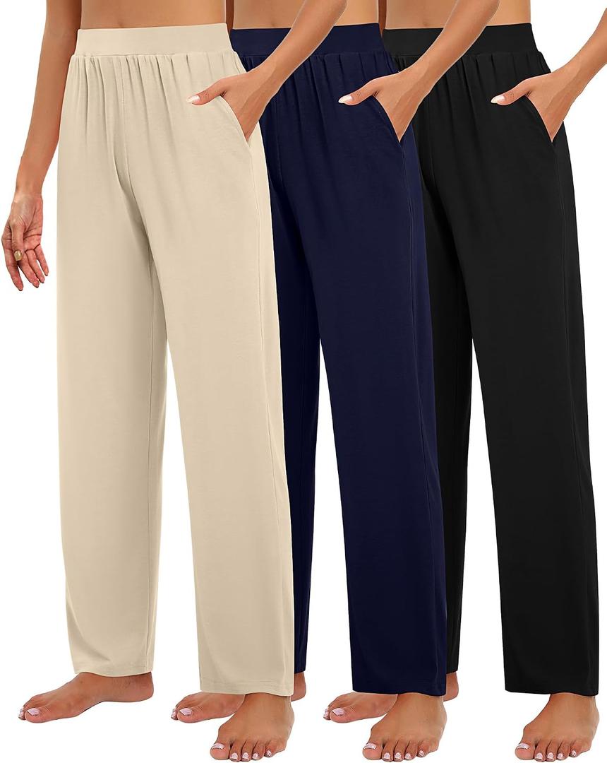 Huukeay 3 Pack Women's Lounge Pants, Cozy Wide Leg Lounge Slacks with Pockets Loose Flowy Yoga Sweatpant Workout Comfy Jogger, M