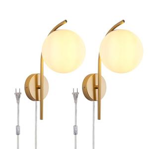 Qichksum Wall Sconces Plug in Set of 2, Hanging Wall Lamp with Plug in Cord, Metal Wall Lamp White Glass Globe Indoor Wall Decor Light for Bedroom, Farmhouse, Hallway, Living Room, Kitchen, Gold