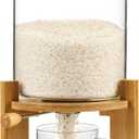 Rice Dispenser, Rice Storage ContainerFlour and Cereal Container with Airtight Lid and Wooden Stand, Glass Food Storge Container for Kitchen Organization and Pantry Store (5L)