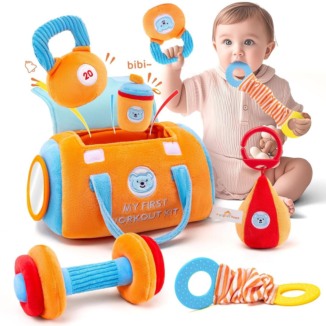 Baby Toys 3-6-12 Months Sensory Toy for Babies Workout Dumbbell Weights Toy Set with Rattles,Crinkle,Mirror & Teether,Montessori Toys for 6 Month Old Infant Baby Girl Boy Gifts