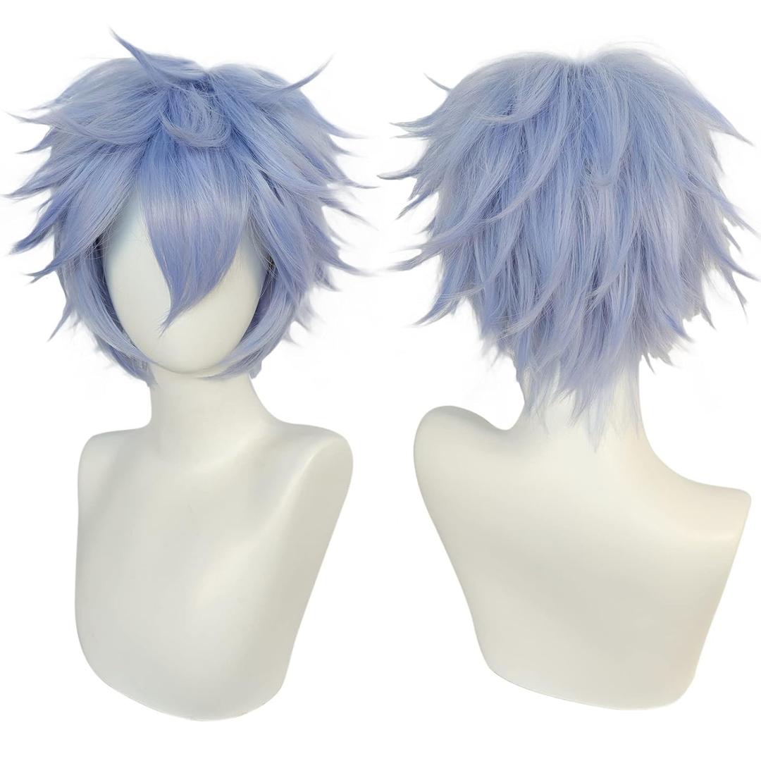 ANOGOL Hair Cap + Short Ice Blue Wig Men's Cosplay Wig Light Blue Wig for Anime Cosplay Halloween Christmas Event Costume Party
