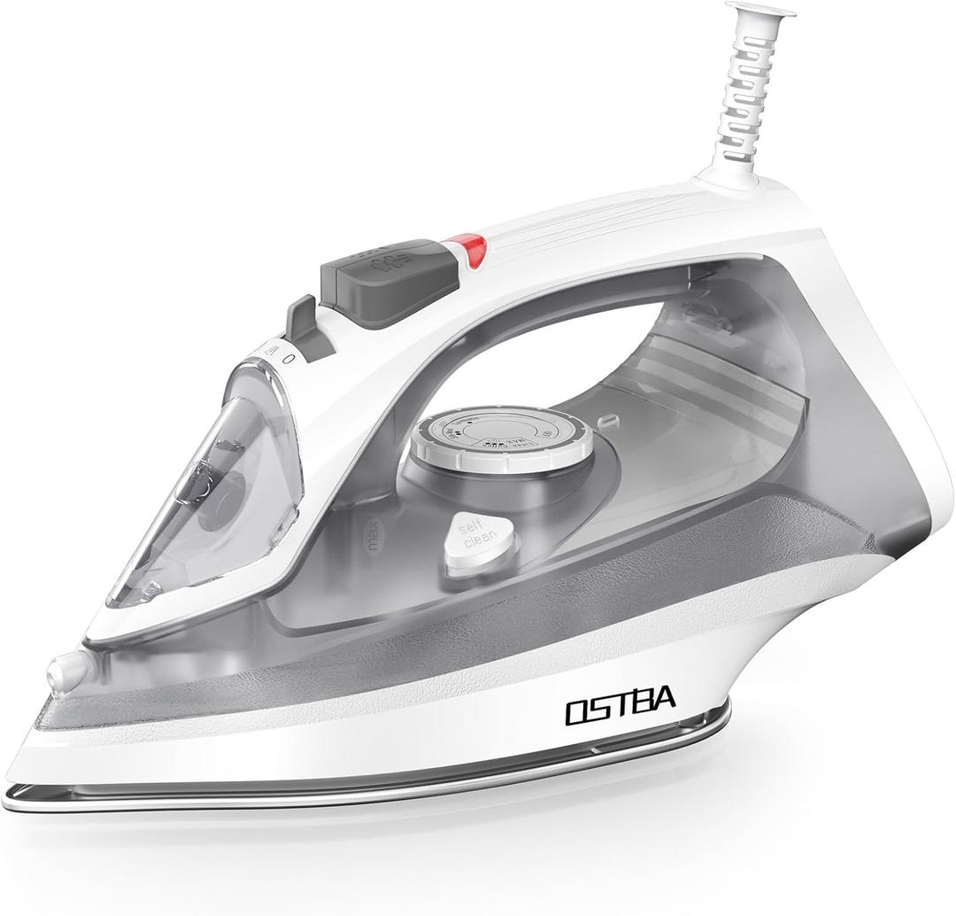 OSTBA 1600W Steam Iron for Clothes with Rapid Heating Nonstick Soleplate, Precise Thermostat Dial, Self-Cleaning, Anti-limescale, Drip Stop Function, 300ml Water Tank Clothes Iron