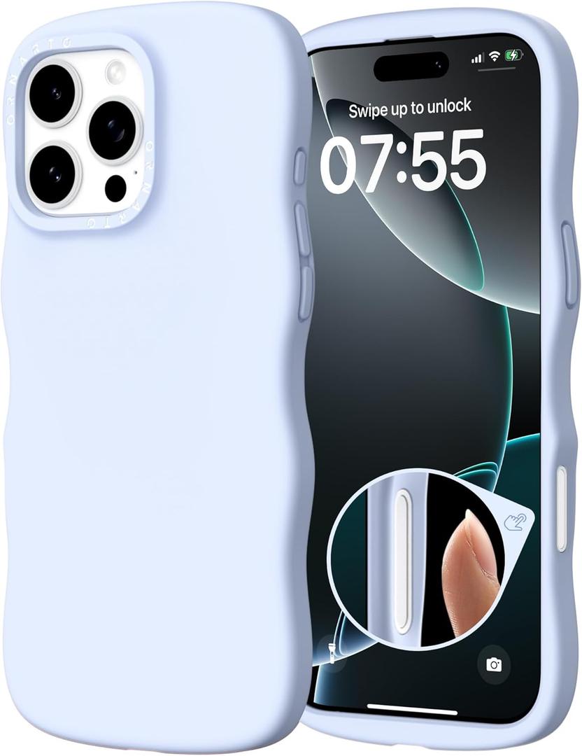 ORNARTO for iPhone 16 Pro Max Case 6.9"  Cute Curly Wave Edge | Camera Control Button | Shockproof Protective Liquid Silicone 16 Pro Max Phone Cover for Women Girls, Baby Blue