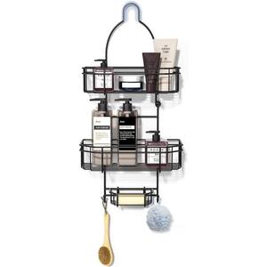 Shower Caddy Hanging Over Head, Bathroom Shower Organizer Shower Rack Holder with Hooks for Razors - Black