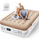 Air Mattress Queen with Built in Pump, Luxury Inflatable Mattress, 3 Min Fast Blow up Mattress with Dual-Chamber, Comfort Top - Velvety Air Bed for Home, Camping, Travel, Guests, White + Khaki
