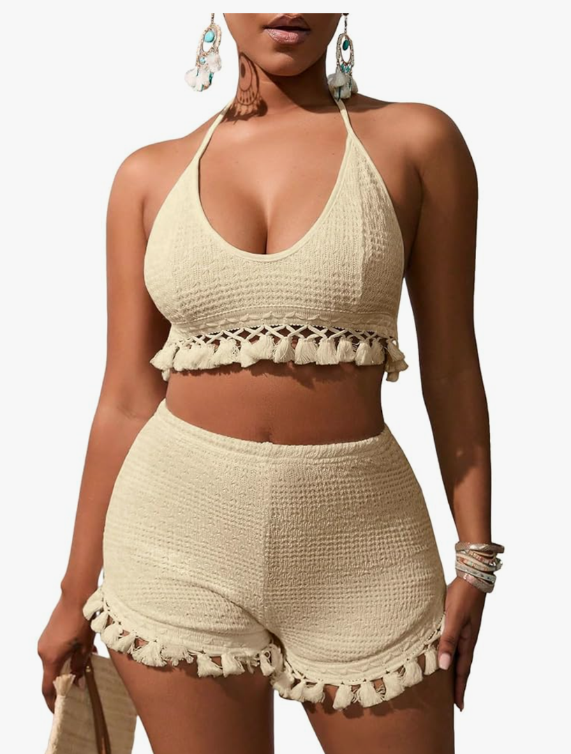 Women's 2 Piece Outfits Tassel Trim Backless Halter Crop Top and Elastic Waist Shorts Sets Top 17inch Shorts 19x14