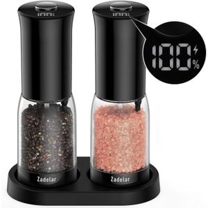 Electric Salt and Pepper Grinder Set with LED Power Display,Larger Capacity Salt and Pepper Shakers Set Rechargeable Electric with Flexible Coarsenes,LED Light,One Hand Operation for Kitchen (Black)