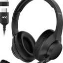 AOC USB Headset with Microphone for PC, Over-Ear Wired Headphones with Mic, Noise-Cancelling Boom, 40mm Audio Drivers, USB-A/C Compatibility for Office, Call Centers & Online Meetings (Black)