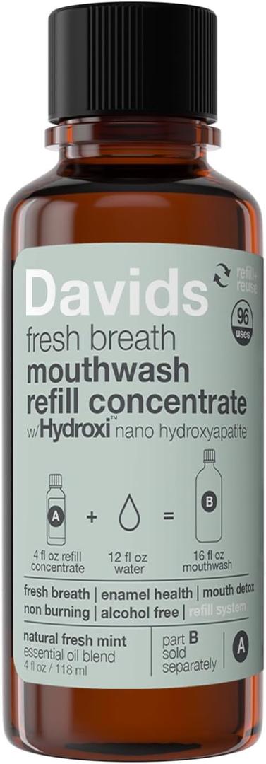 Davids Hydroxi Fresh Breath Mouthwash Refill Concentrate, Alcohol-Free, Fluoride-Free, Remineralizing Nano-Hydroxyapatite for Sensitive Teeth & Enamel Health, Gum Detox
