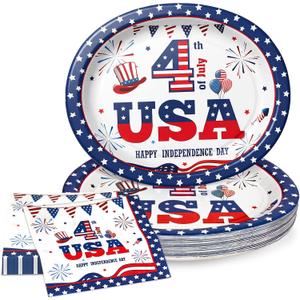 40Pcs 4th of July Oval Plates and Napkins Serves 20,Large Patriotic Paper Plates 12 Inch,250th Anniversary Party Decorations for Independence Veterans Labor Day