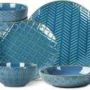 Sureasy Ceramic Dinnerware Set for 4-16 Pieces Embossed Plates and Bowls Sets, Scratch Resistant Dish Set, Microwave, Oven & Dishwasher Safe, Blue
