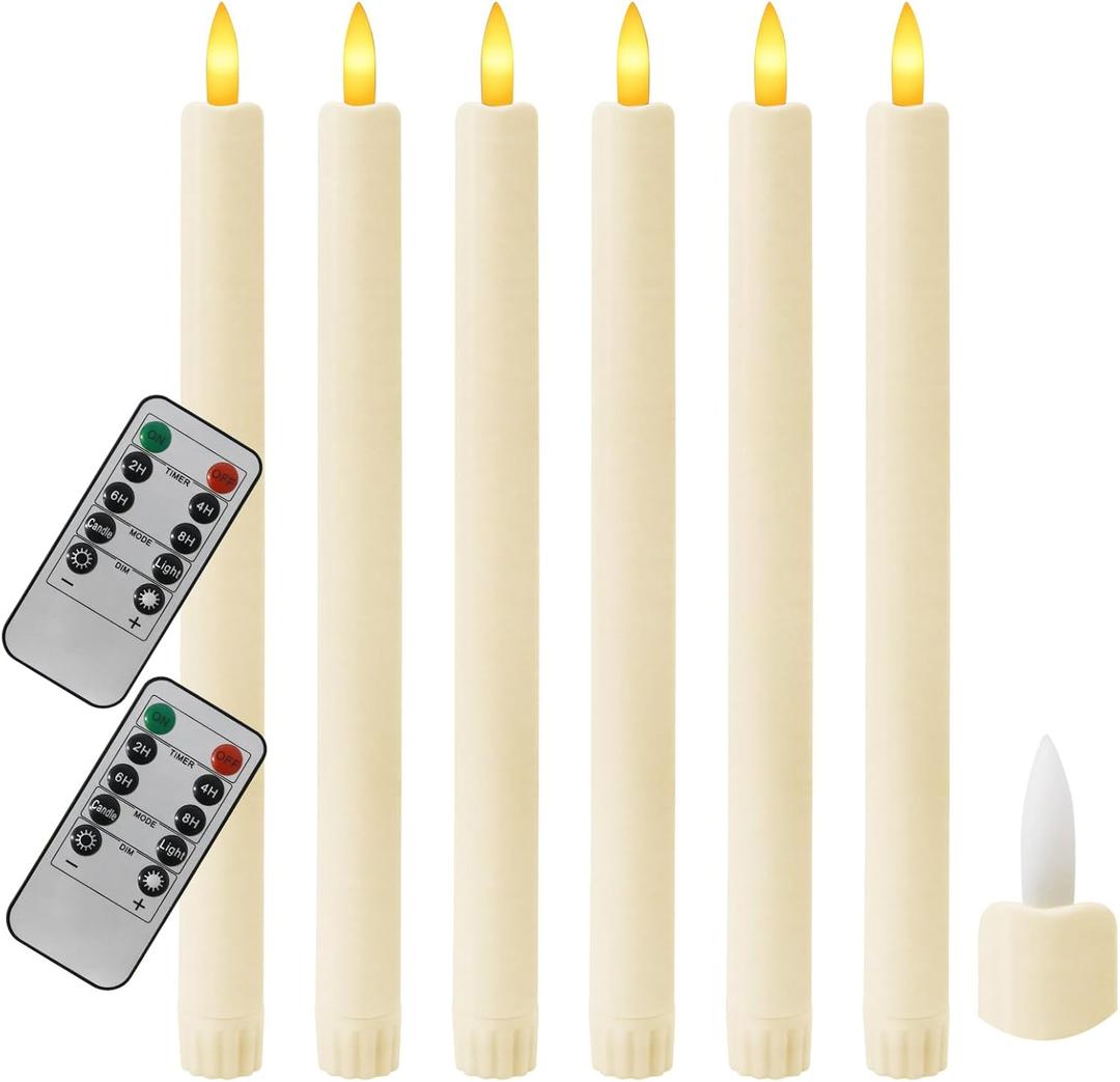 6PCS Flameless Taper Candles with 3D Flickering Flame Battery Operated Candles with 2 Remote with Button Cell Battery 10 Inch Ivory LED Candlesticks Window Candle for Christmas Home Decor