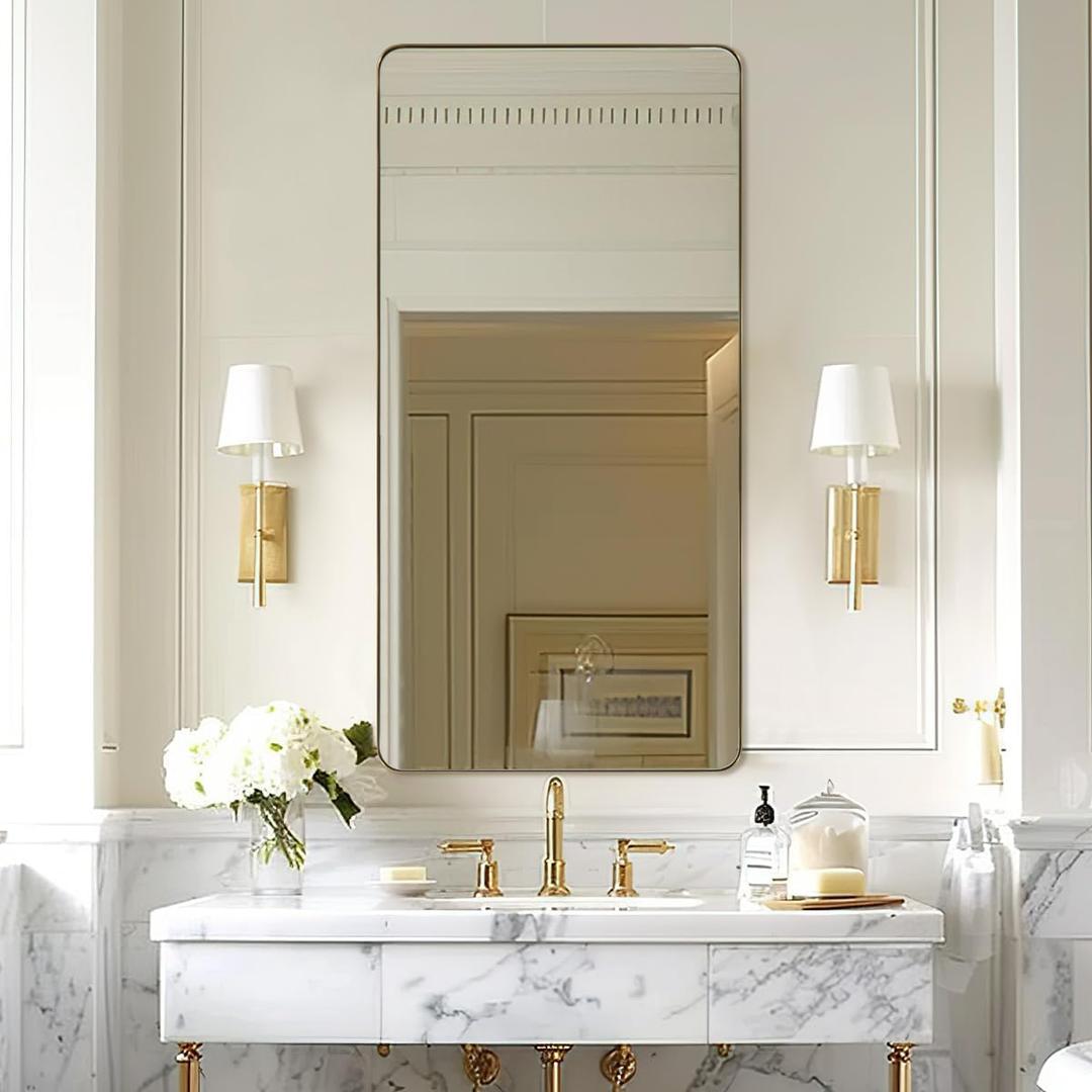 ANDY STAR Gold Bathroom Mirrors for Over Sink, 24x48 InchBrushed Gold Wall Mirror, Square Metal Framed Vanity Mirror -Modern Clean Design with Superior Stainless Steel Frame