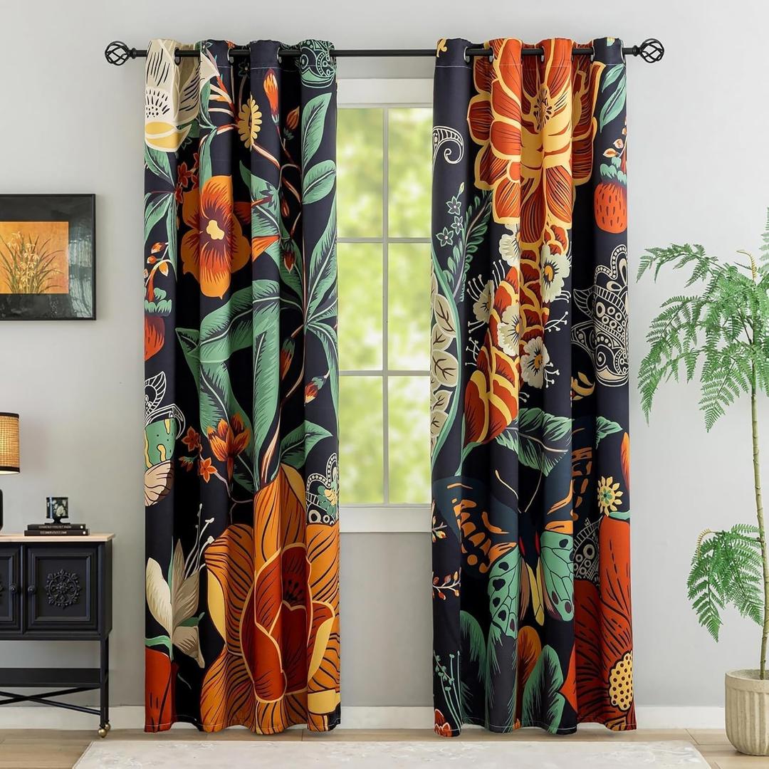 Bohemian Style Curtains, Blackout Curtains for Bedroom Living Room, Black and White Grommet Curtain, Window Drapes 52x72 Inch Set of 2 Panels