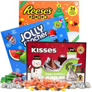 Sweetzo - Reese's Pieces, Jolly Rancher, and Kisses Candy Advent Calendars, 2025 Countdown to Christmas, Individually Wrapped Candies, 24 Days (Pack of 3)