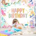 Avezano Mermaid and Unicorn Birthday Backdrop Cartoon Mermaid Birthday Party Decorations Rainbow Unicorn Theme Party Decoration Girls' Happy Birthday Background Banner (6x5ft(72x60in))