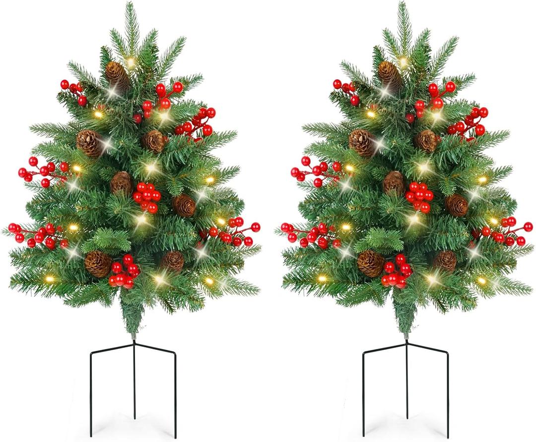 XmasExp Set of 2 Outdoor Christmas Tree with Lights Small Planter Bushes Battery Operated Artifical Urn Filler Outside Christmas Decorations for Front Porch,Yard,Pathway (Dark Green)