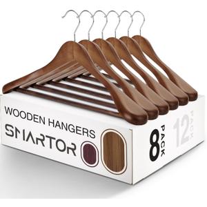 SMARTOR Wooden Suit Hangers for Men 8 Pack, Wide Shoulder Wood Suit Hangers with Non Slip Pant Bar, Wide Hanger for Suits, Coats, Jackets, Walnut