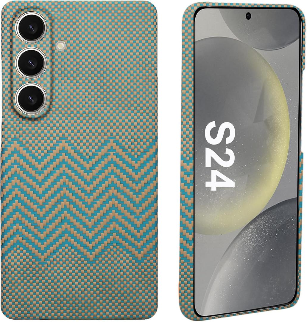 Carbon Fiber Phone Case for Samsung Galaxy S24, Slim 0.03inch Fit Thin Minimal Lightweight S Ultra Aramid Fiber Cover, Support Wireless Charging, Case-Less Touch Feeling (Wavy Blue)