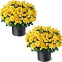 Juxdp 2 Set of Artificial Rose Topiary Trees  Faux Silk Flower Potted Plant, UV Resistant Fake Outdoor Rose Bush for Front Door, Farmhouse, Porch, Garden Decor (Yellow)