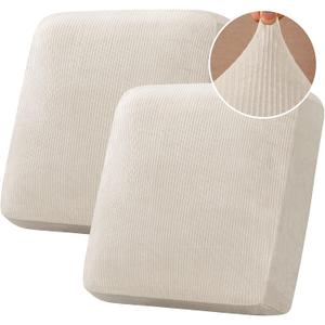 H.VERSAILTEX Velvet Stretch Couch Cushion Cover Plush Cushion Slipcover for Chair Loveseat Sofa Cushion Furniture Protector Seat Cushion Sofa Cover (2 Piece Large Sofa Cushion Covers, Ivory Striped)